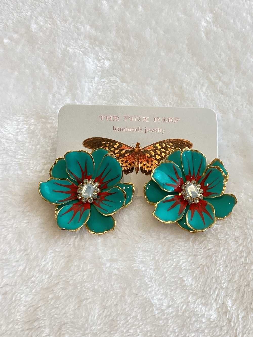 Anthropologie The Pink Reef Handpainted Earrings New Turquoise Flowers